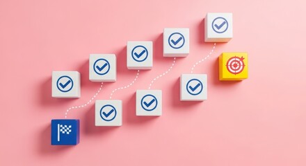 Task completion checklist blocks arranged in upward steps on pink background, progress tracking and goal achievement concept, productivity, planning, workflow management, and success
