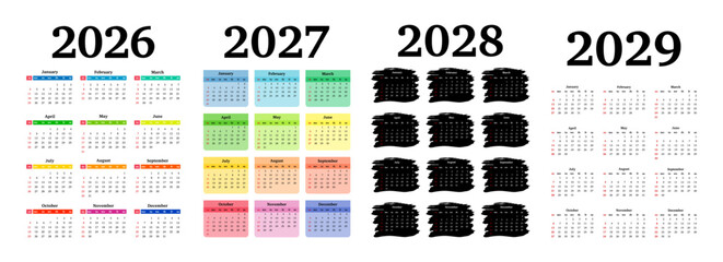 Set of calendars for 2026, 2027, 2028 and 2029 on a white background