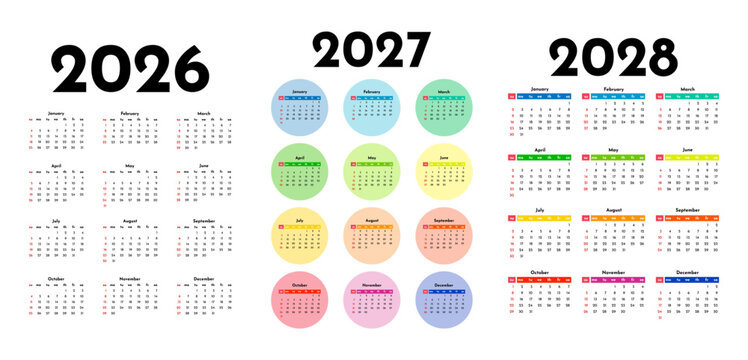 Set of calendars for 2026, 2027 and 2028 on a white background