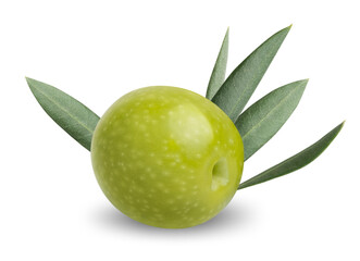Fresh green olive with leaf isolated on white background. Nutritious ingredient for mediterranean diet, healthy food and delicious oil. Natural beauty product and organic cosmetics.