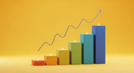 Colorful business growth bar chart with rising line on yellow background, financial progress visualization representing success, performance increase, investment growth, and positive trend
