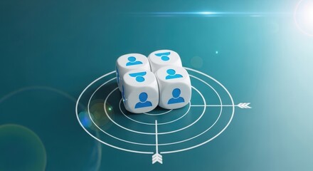 Dice cubes on circular target with arrows on blue background, probability and chance concept, representing risk, strategy, uncertainty, decision making, and game theory visualization
