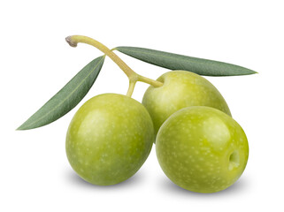 Fresh green olive with leaf isolated on white background. Nutritious ingredient for mediterranean diet, healthy food and delicious oil. Natural beauty product and organic cosmetics.