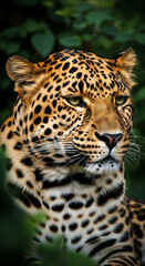 Obraz premium Close-up of leopard's head with spotted fur, sharp whisker and intense gaze, symbolizing power, vigilance and grace in natural habitat