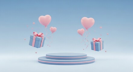 Gift boxes with hearts floating above podium on pastel background, romantic surprise presentation, symbolizing love, celebration, special offers, promotions, and joyful emotions
