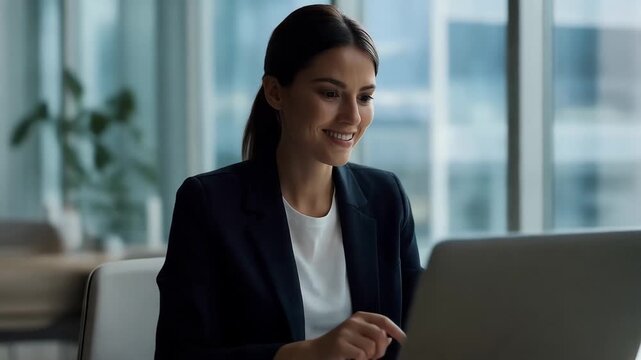 Woman working on a laptop in a modern office during the day