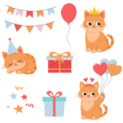 Cute Birthday Cat Flat Vector Illustration