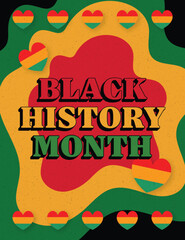 Vibrant Black History Month design with Pan-African colors and hearts symbolizing unity, pride, and cultural heritage