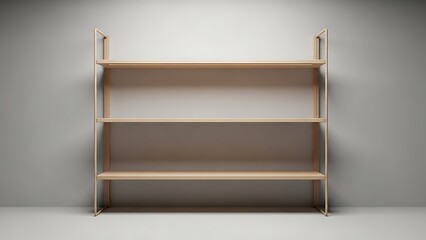 Obraz premium A minimalist light wood four-tier shelving unit standing against a clean gray wall