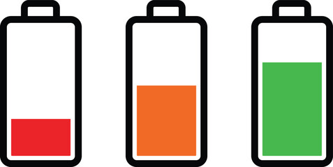 Three battery showing low medium and full charge levels