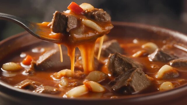 Close-up of steaming hearty beef goulash stew with meat chunks and pasta being lifted by a spoon from a rustic bowl