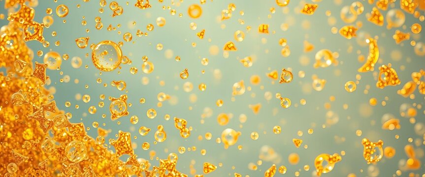 Close-up of effervescent champagne gold bubbles rising in liquid, shine, golden