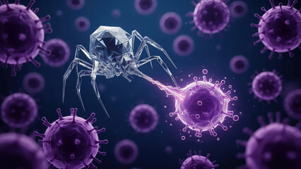 Virus attacking a cell with a robotic-style structure in a digital environment Generative AI