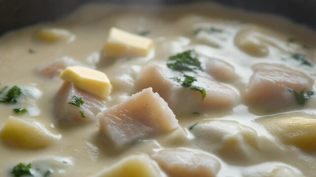 Creamy fish stew simmering with chunks of cod potatoes butter and fresh herbs in a cooking pot close-up view