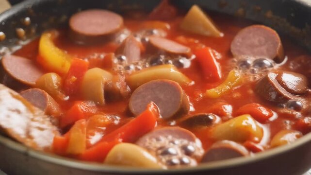 Hearty sausage and pepper stew simmering in rich tomato sauce in a skillet being stirred by a wooden spoon.