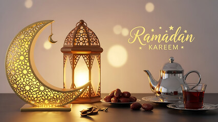 A beautifully arranged Ramadan Kareem table setting with lanterns, dates, and tea