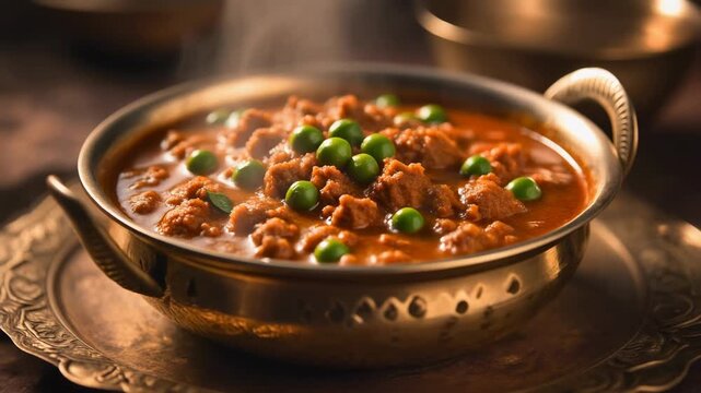 Authentic indian keema matar curry with green peas served in a traditional brass bowl close-up shot with moody lighting