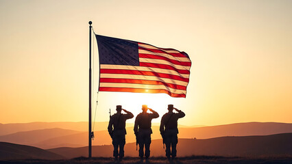 Silhouette of soldiers saluting American flag at sunset back view