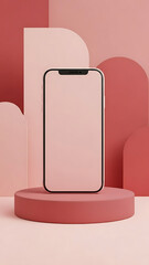 Modern Smartphone Mockup on Round Podium with Red and Pink Geometric Background