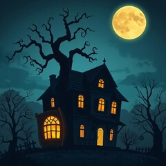Fototapeta premium Spooky haunted house illustration with glowing windows and a gnarled tree silhouette under a full moon, spooky house, spooky