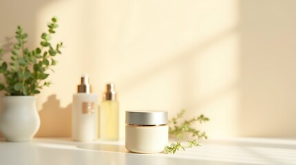 Fresh Morning Skincare Scene with Cosmetic Bottle on Pastel Neutral Background, Soft Sunlight, Airy and Bright Beauty Lifestyle