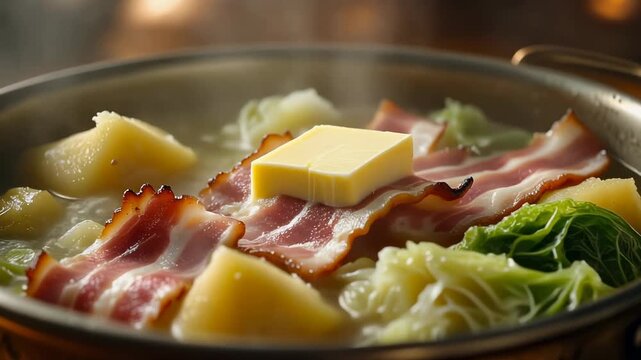 Steaming pot of savory boiled dinner with raw bacon potatoes cabbage and a thick melting pat of butter