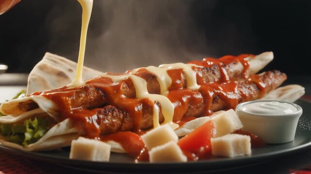 Delicious kebab wrap on lavash drenched in cheese and tomato sauce served hot on a dark plate close-up food photography