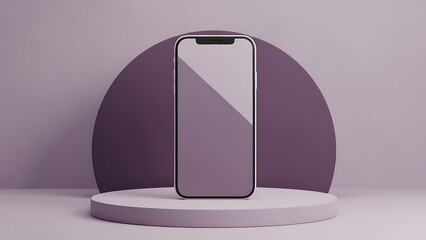 3D smartphone mockup with blank screen on purple round podium