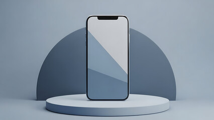 3D render of smartphone with blank screen on blue geometric podium