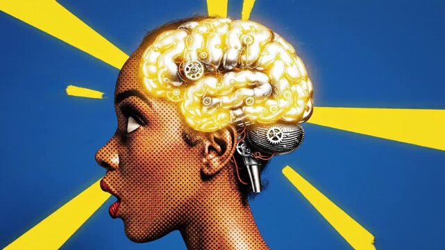 A pop art animation of a woman thinking and her head transition into mechanical brain.