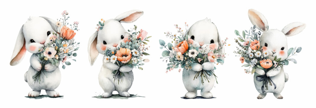 Collection of cute watercolor bunnies with a bouquet of spring flowers. Cute spring bunnies with flowers on an isolated background. Easter and spring symbols of cute animals.