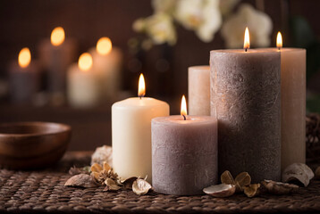 Cozy candles in calming spa setting for relaxation