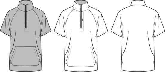 Men short sleeve half zip hoodie t shirt, technical apparel flat sketch, front back views, fashion cad drawing, vector illustration © SreePobitra