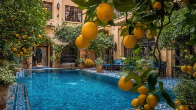 A courtyard scene with a pool, lemon trees, and buildings, featuring blue water and citrus