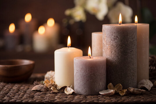 Cozy candles in calming spa setting for relaxation - Powered by Adobe