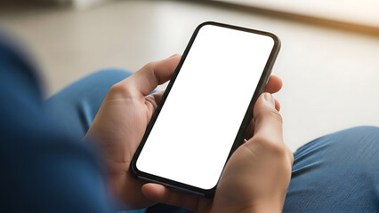 Man hands holding smartphone with blank white screen mockup