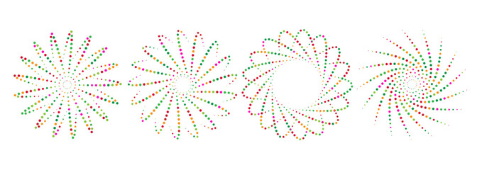 Spiral bloom set with vibrant curved lines, abstract symmetrical floral designs on white background