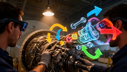 Workers repair jet engine using technology and holograms in workshop environment during day time at aviation facility Generative AI
