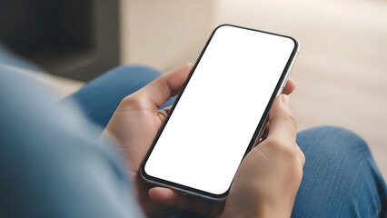 Hands holding smartphone with blank screen mockup high angle view