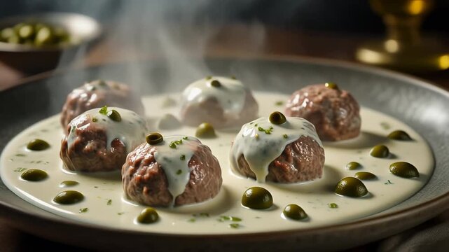 Steaming gourmet meatballs served in a rich cream sauce garnished with fresh herbs and whole green olives on a sophisticated dark plate.