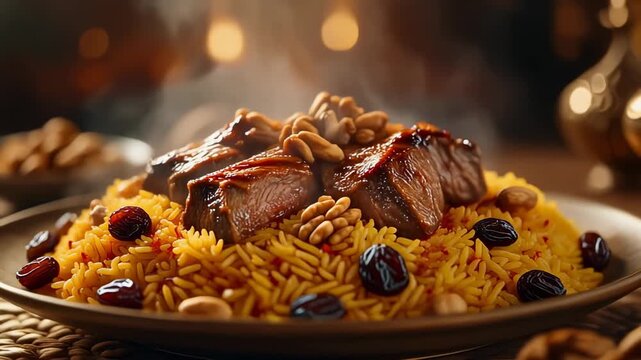 Traditional middle eastern rice pilaf topped with tender meat mixed nuts and raisins steaming hot in a warm festive setting