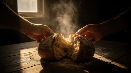 Two hands reach for a freshly baked loaf of bread in a kitchen with sunlight streaming through a window Generative AI