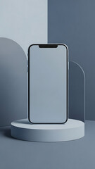 3D render of smartphone with blank screen on light blue podium