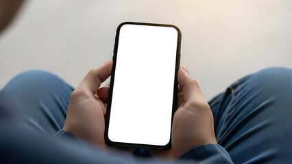 Man hands holding smartphone with blank screen pov shot