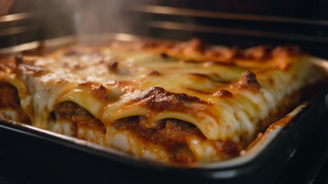 Delicious homemade lasagna baking in the oven bubbling with melted cheese and rich tomato meat sauce.