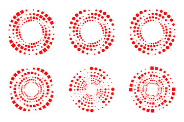 Circular vector set with red geometric shapes, abstract radial spiral pattern designs