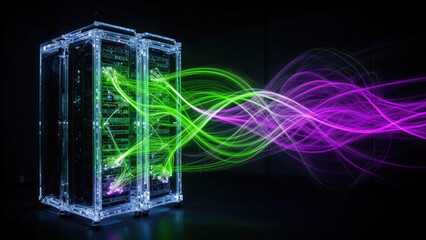 Software and hardware interaction in a data center with neon light trails showing network activity Generative AI