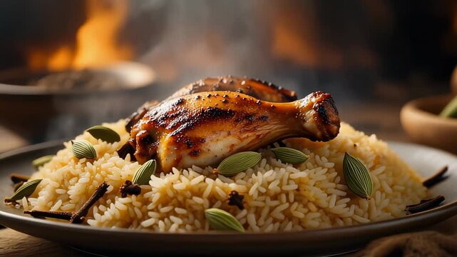 Roasted chicken drumsticks served on fragrant spiced rice garnished with cardamom pods and cloves steaming hot traditional dinner