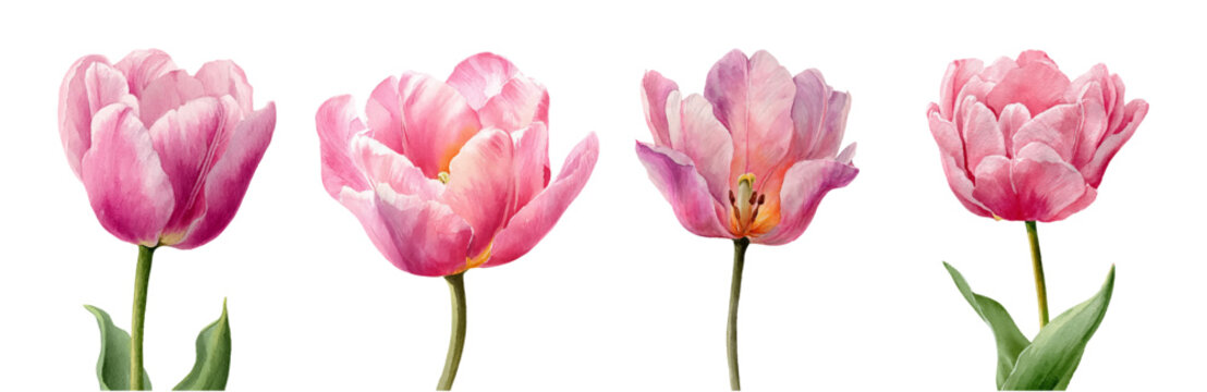 Watercolor set of pink tulips png. Realistic botanical flowers of pink tulip with green leaves. Spring romantic flowers. Floral elements for March 8, Easter, Mother's Day etc. 