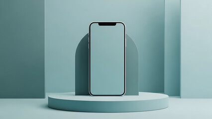 3D render of smartphone with blank screen on blue pastel podium